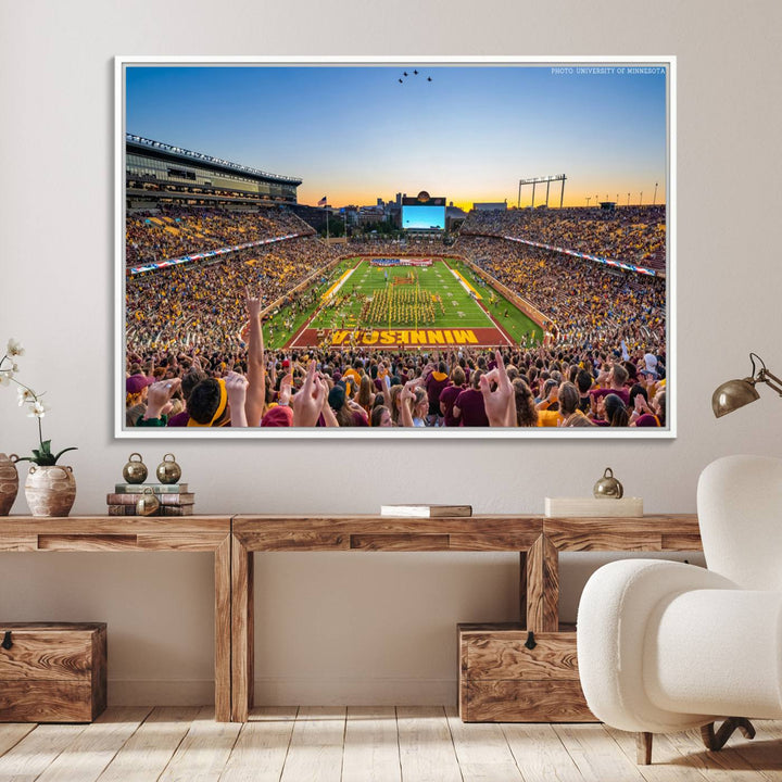 The University of Minnesota Golden Gophers Football Team Print, capturing a sunset scene, is ideal for gallery-quality wall art.