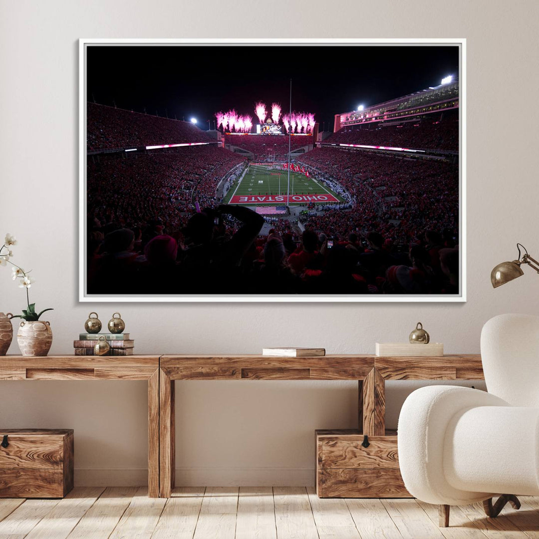 Premium canvas wall art featuring Ohio State University Buckeyes football stadium and fireworks.