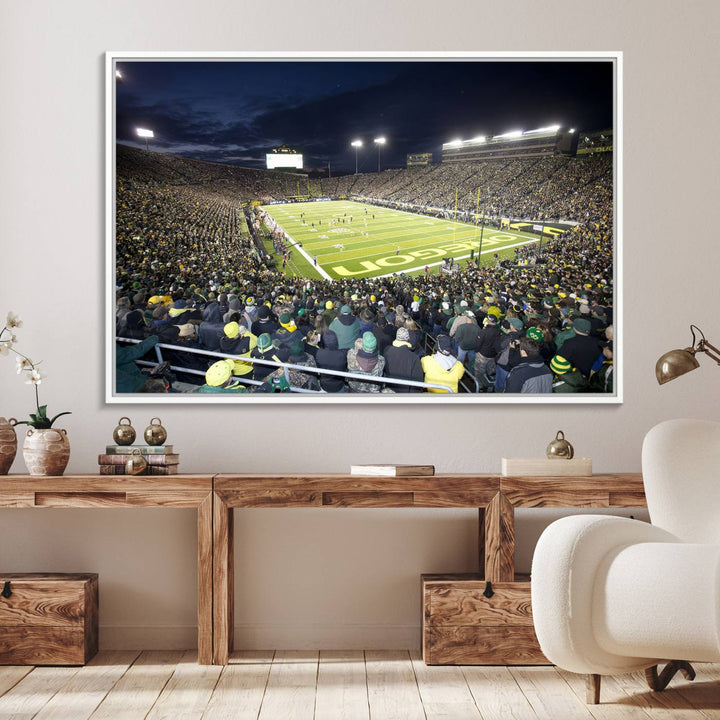 Under bright lights, a University of Oregon Ducks Canvas Print captures the excitement of fans packing Autzen Stadium for a night football game.