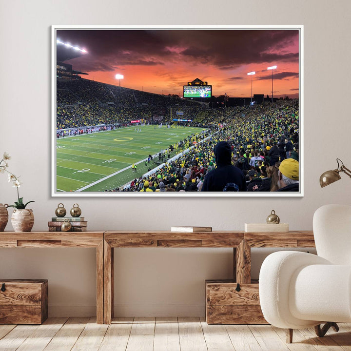 This stunning wall art print captures a vibrant sunset at Eugene Autzen Stadium.