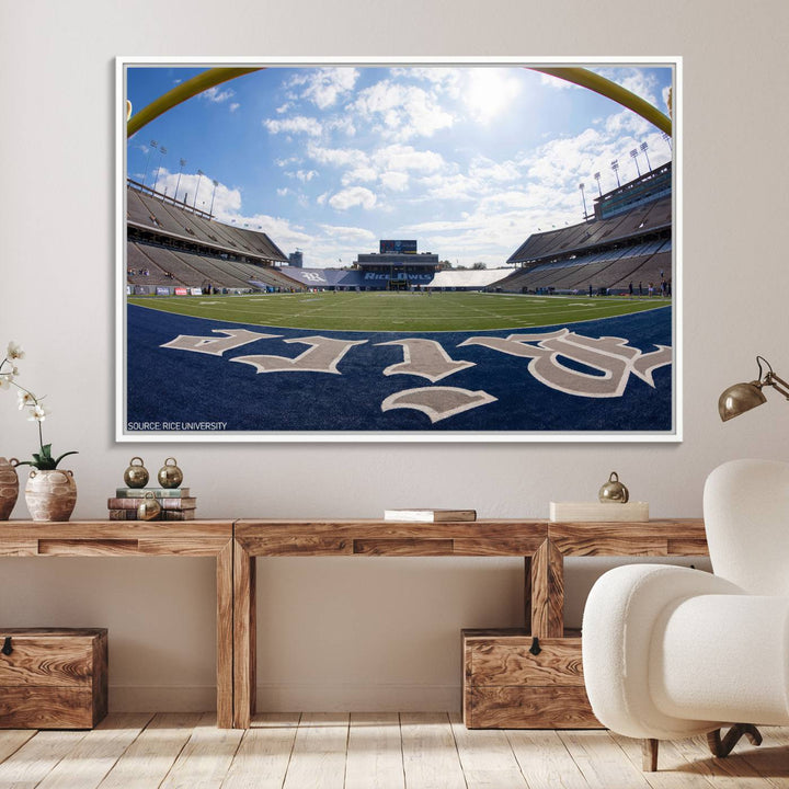 Fish-eye view of an empty stadium, ideal wall art on premium canvas: Rice University Owls Football Team Print.