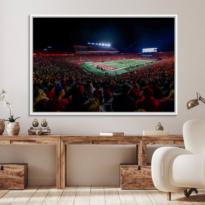 A premium canvas wall art print depicting Rutgers Scarlet Knights SHI Stadium filled with fans under vibrant lights.