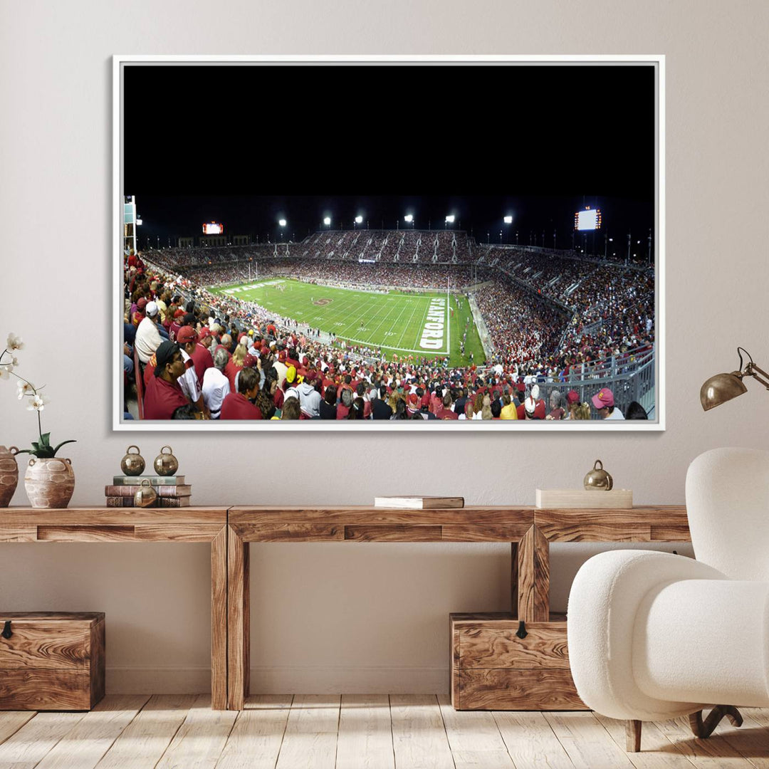 This Stanford University Cardinal Football Team canvas print, depicting fans in red filling Stanford Stadium at night, is perfect.