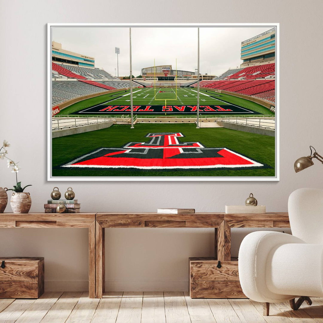 Gallery-quality print of Lubbock Jones AT&T Stadium featuring the Texas Tech Red Raiders field, highlighted by red and gray bleachers.