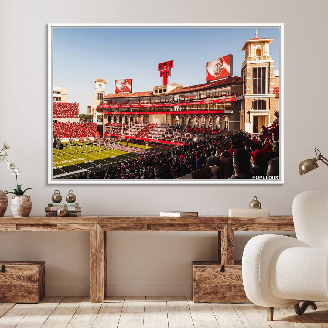 The three-panel Jones AT&T Stadium wall art is ideal for enhancing the living room decor of college football fans.