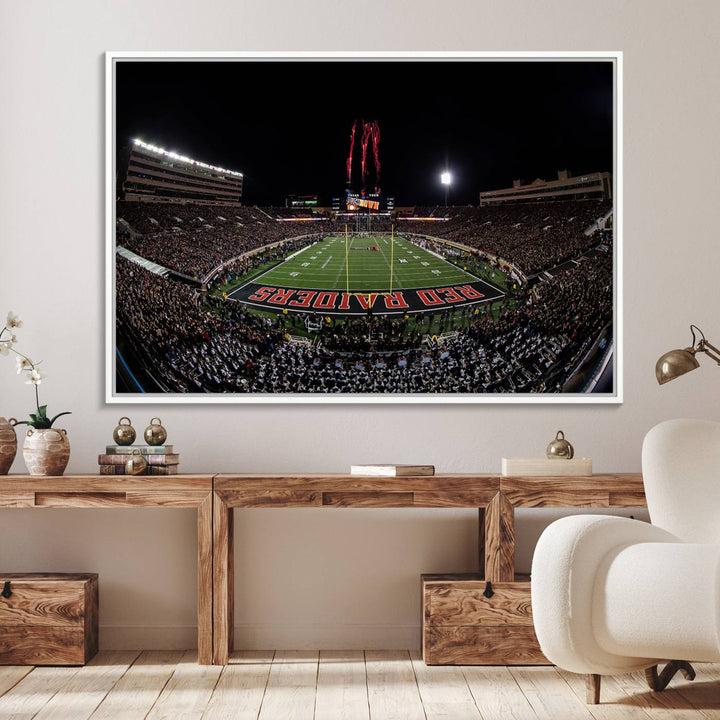 The wall features a Texas Tech Red Raiders Football Team Print on canvas, showcasing fireworks over a packed stadium at night.