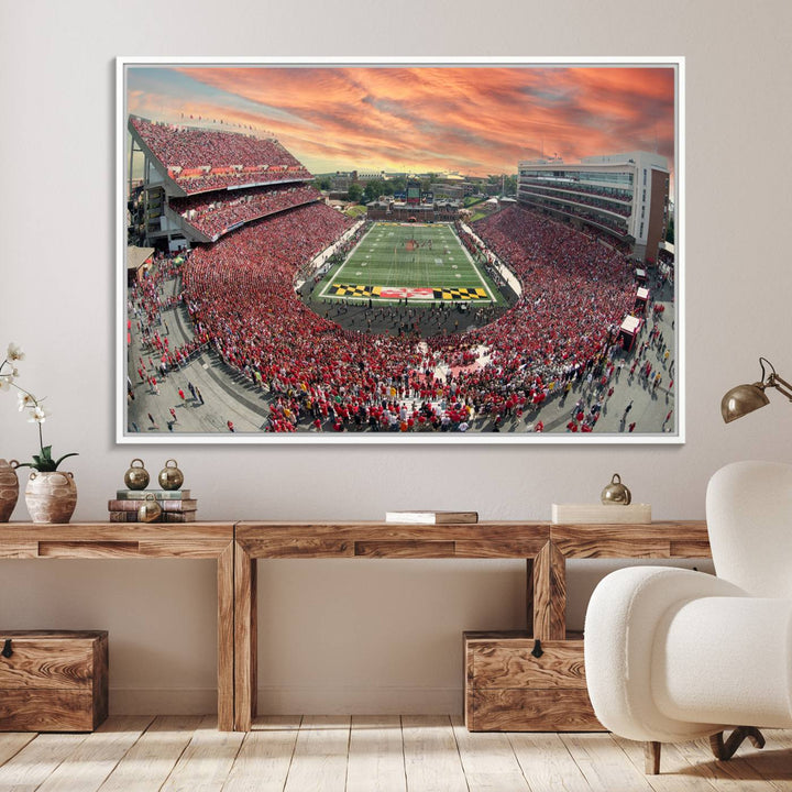 A packed SECU Stadium at sunset, ideal for your University of Maryland Terrapins Football Team wall art canvas print.