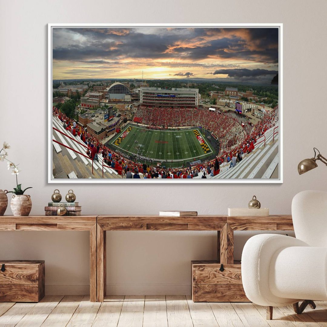 The University of Maryland Terrapins Football Team Print features SECU Stadium at sunset with vibrant skies.