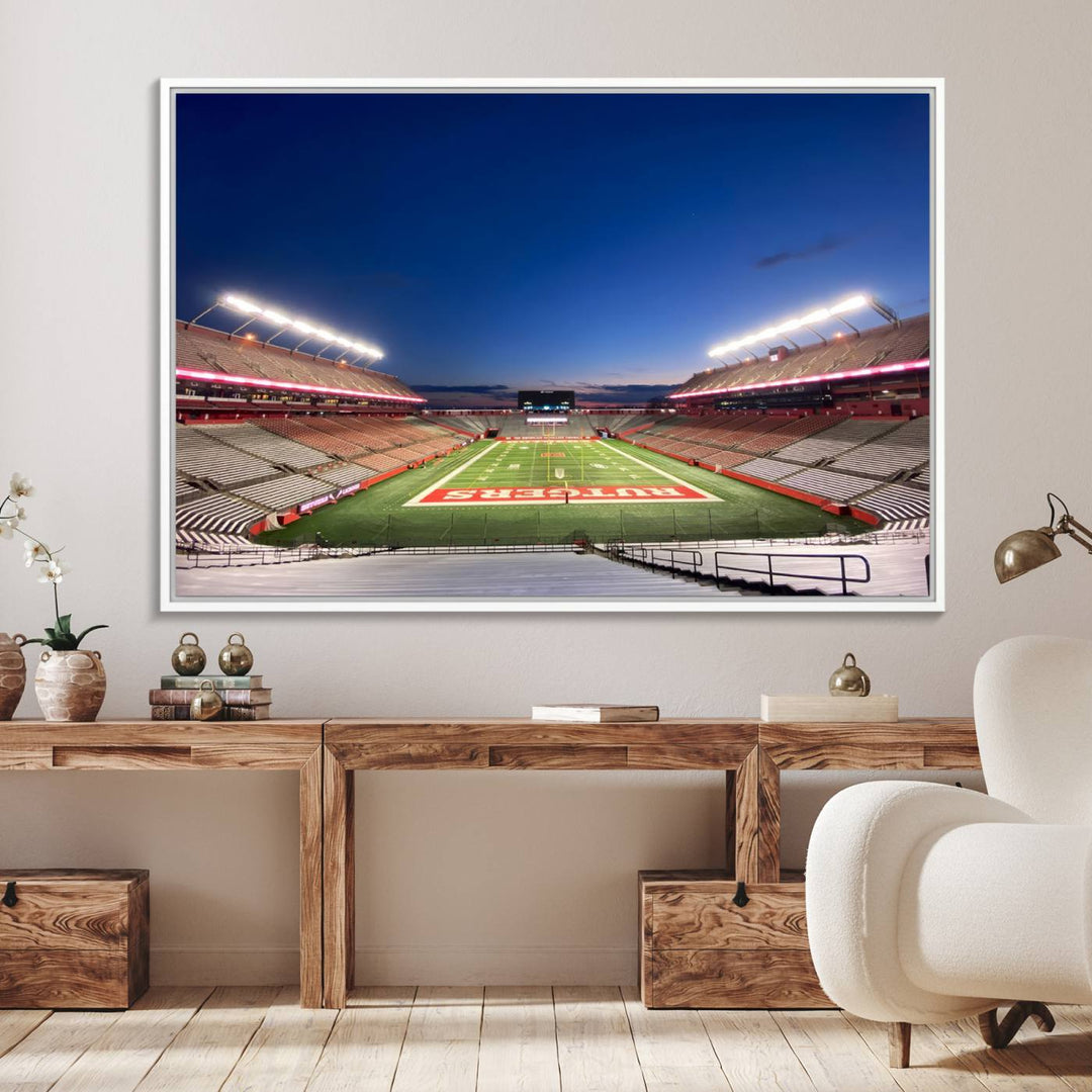 A large SHI Stadium at dusk, ideal for a Rutgers Scarlet Knights Football Team canvas print.