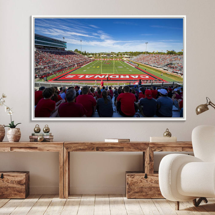 The Ball State Cardinals wall art on canvas depicts fans in red at Scheumann Stadium.