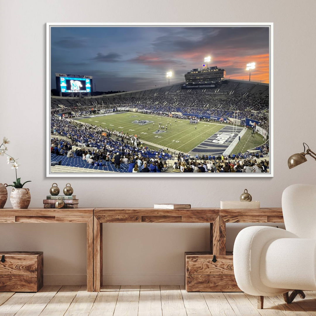 A Memphis Tigers football canvas print of Simmons Bank Liberty Stadium at sunset enhances the living room.