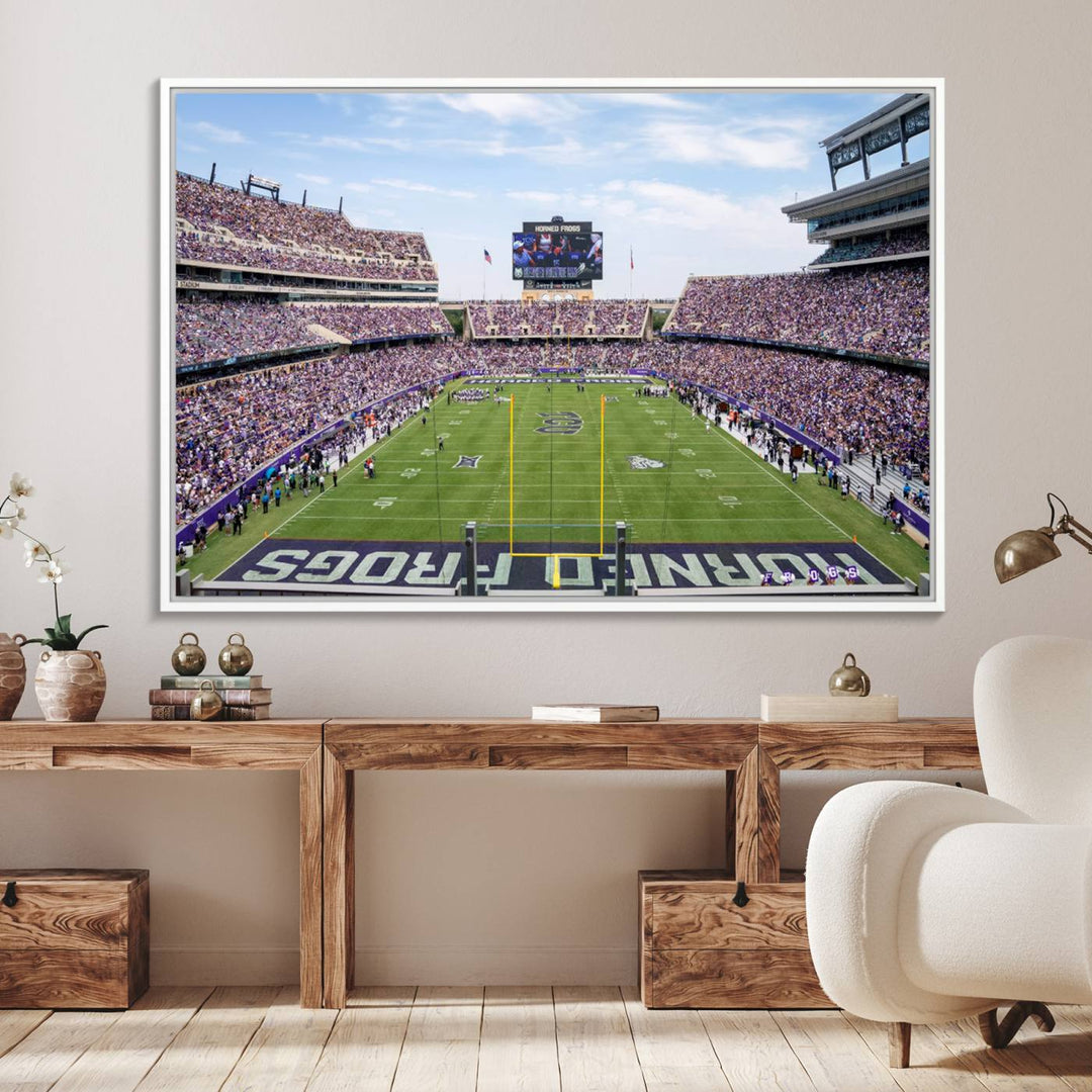 The TCU Horned Frogs print portrays a vibrant Amon G. Carter Stadium, filled with energy and game action.