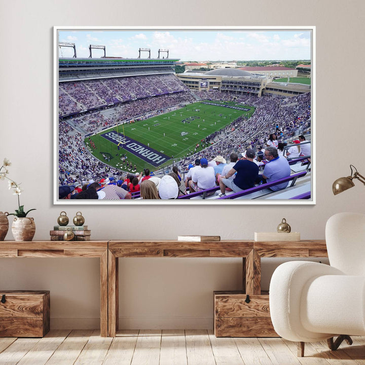 Amon G. Carter Stadium wall art canvas showcasing the TCU Horned Frogs and packed stands at Fort Worth.