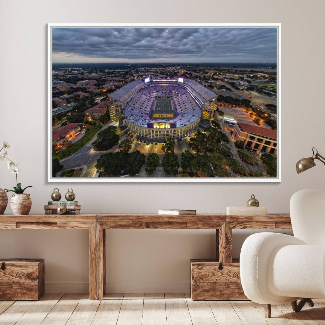 The LSU Tigers Football Team Baton Rouge Tiger Stadium Canvas is displayed prominently, capturing attention with its vivid depiction of the iconic stadium.