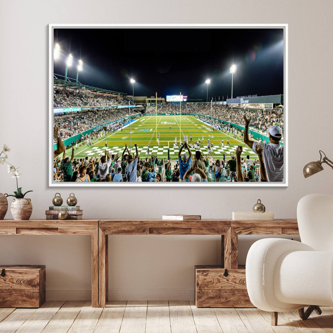 This vibrant wall art canvas print captures the excitement of fans cheering for the Tulane Green Wave Football Team under the lights of Yulman Stadium.