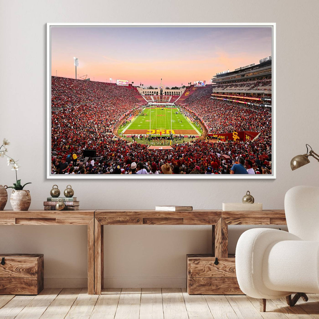 A USC Trojans wall art canvas print highlights the scene, depicting the Coliseum Stadium at sunset.