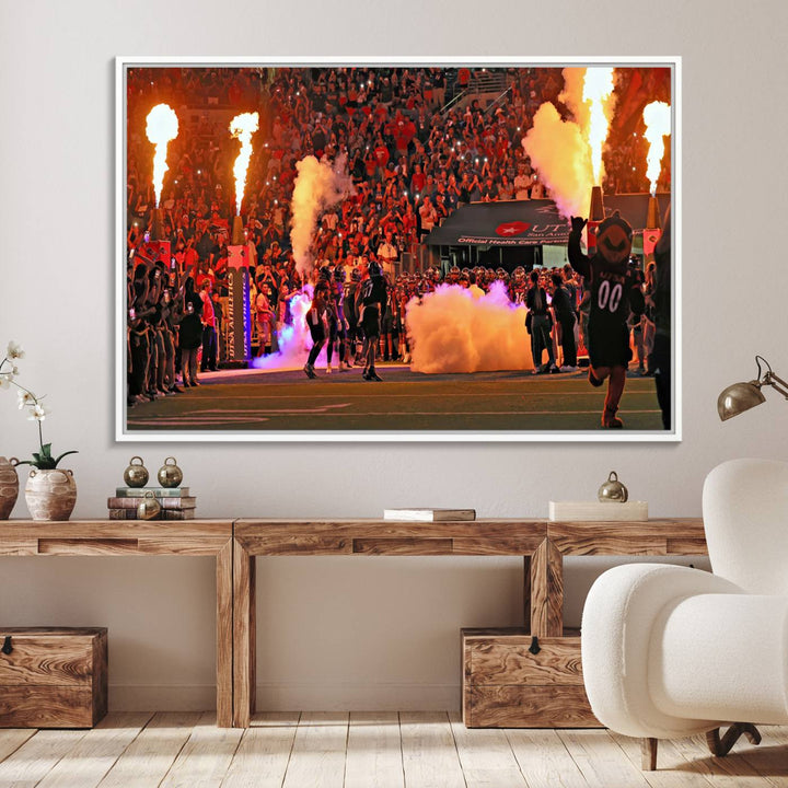 This canvas print captures the UTSA Roadrunners storming the Alamodome under smoke and fire.