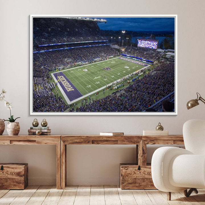 The University of Washington Huskies Football Team Print: Seattle Husky Stadium Wall Art Canvas captures a dusk stadium view.