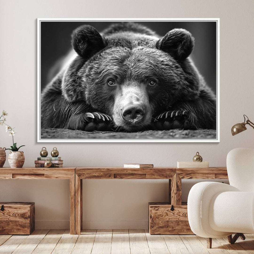 A black and white canvas print titled Resting Grizzly 399 Bear is displayed prominently.