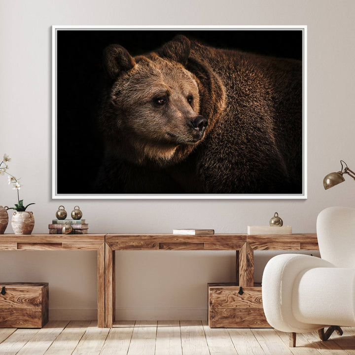 The Wild Grizzly 399 Bear Canvas Wall Art Print enhances modern living rooms with its neutral color palette.