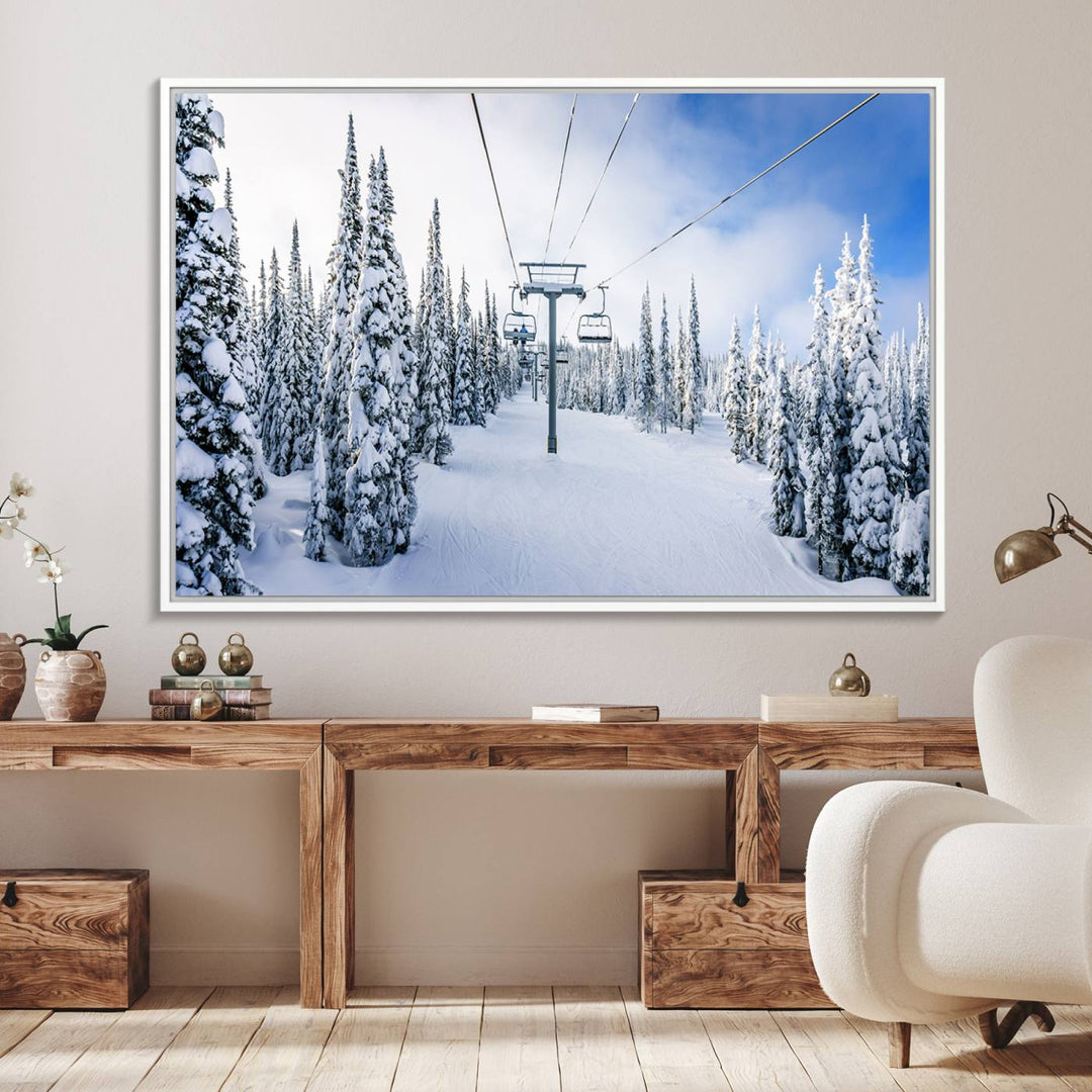 Winter Ski Lift Wall Art Print: Snowy Mountain Adventure, ideal for cabin or farmhouse decor under a clear blue sky.