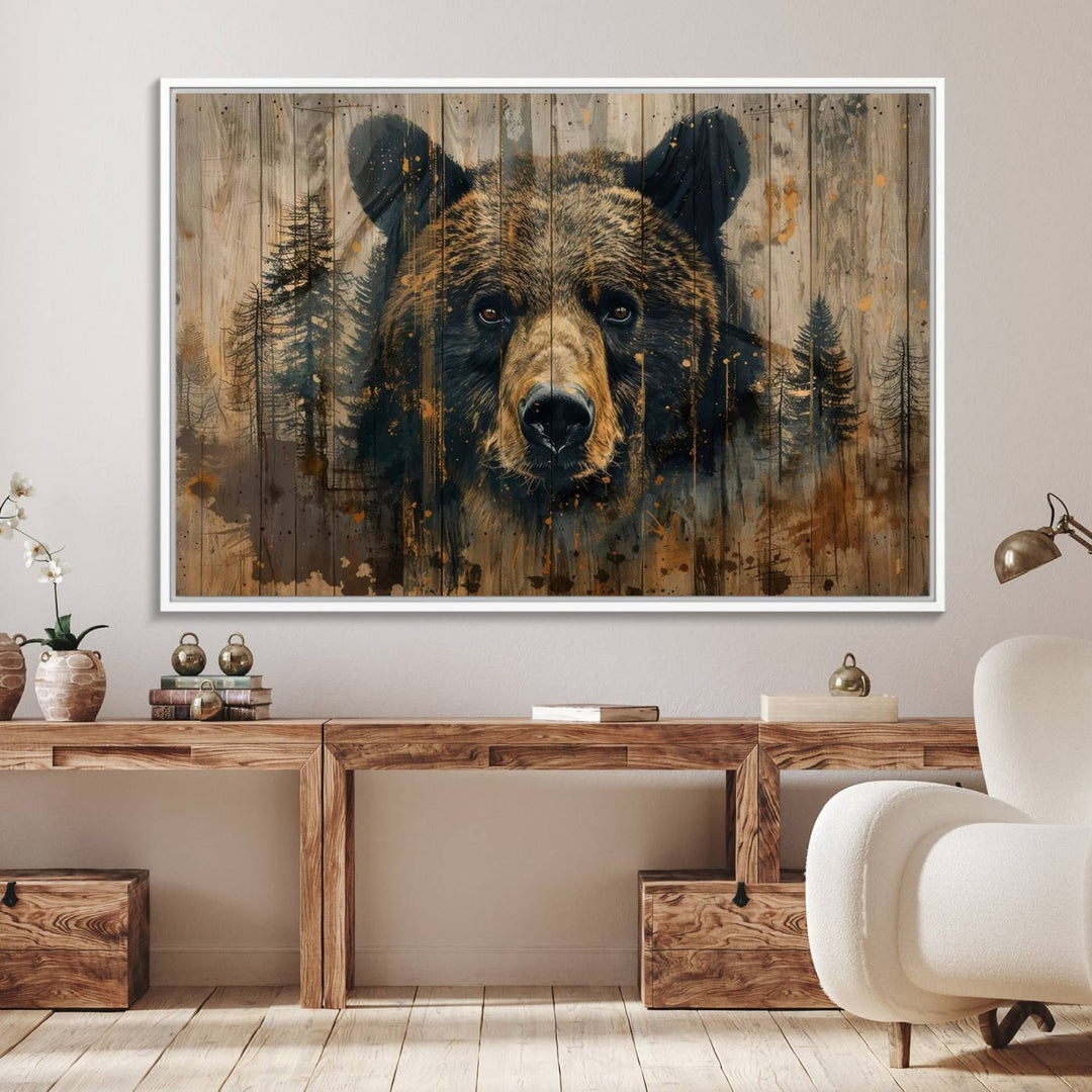 Abstract 399 Bear Wall Art showcases a bears face intertwined with forest trees, ideal for enhancing rustic lodge, cabin, or barn decor.