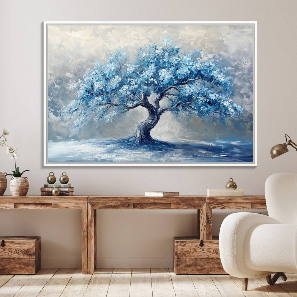 Abstract Blue Tree Art Print featuring textured blues and grays, perfect for farmhouse decor.