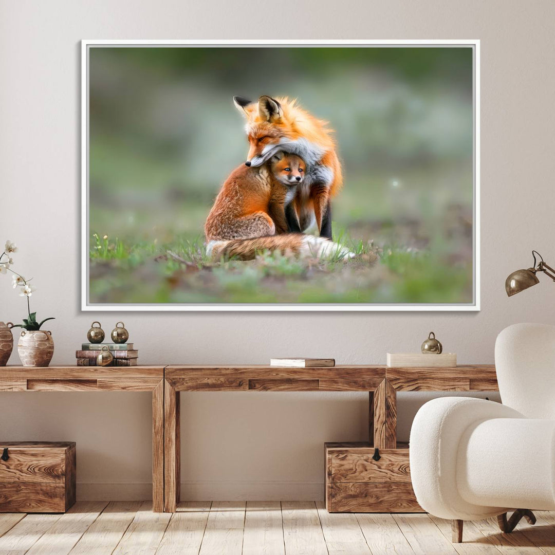 Heartwarming Fox and Baby Cub Wall Art - ready to hang, ideal for animal lovers, rustic decor, and cabin wall art.