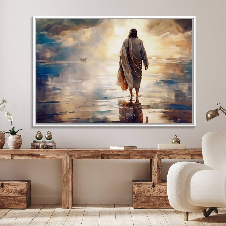 The wall art depicts a robed figure walking on water towards a boat, framed by a stunning sunset. This is showcased in the Jesus Walking on Water Triptych Canvas Print.