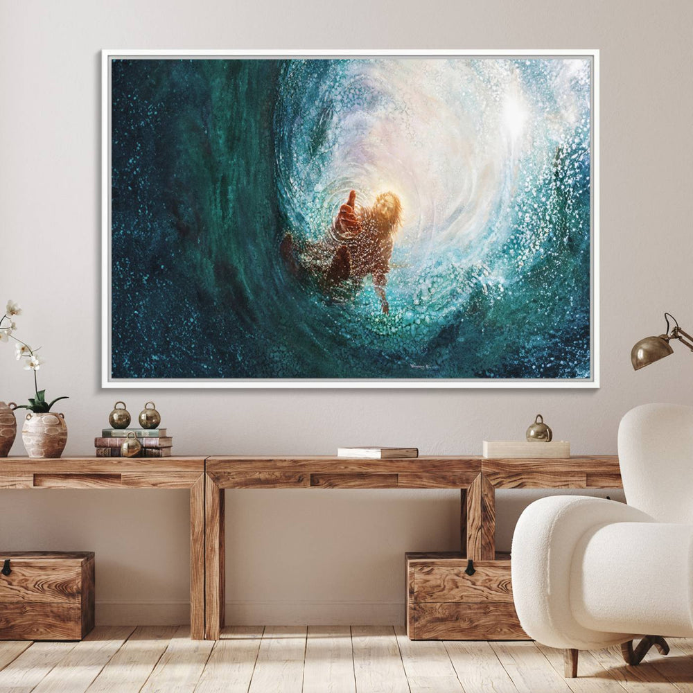 A swimmer heads towards light in an ethereal vortex on the Powerful Jesus Canvas Print - Hand of Salvation, Inspirational Wall Art.