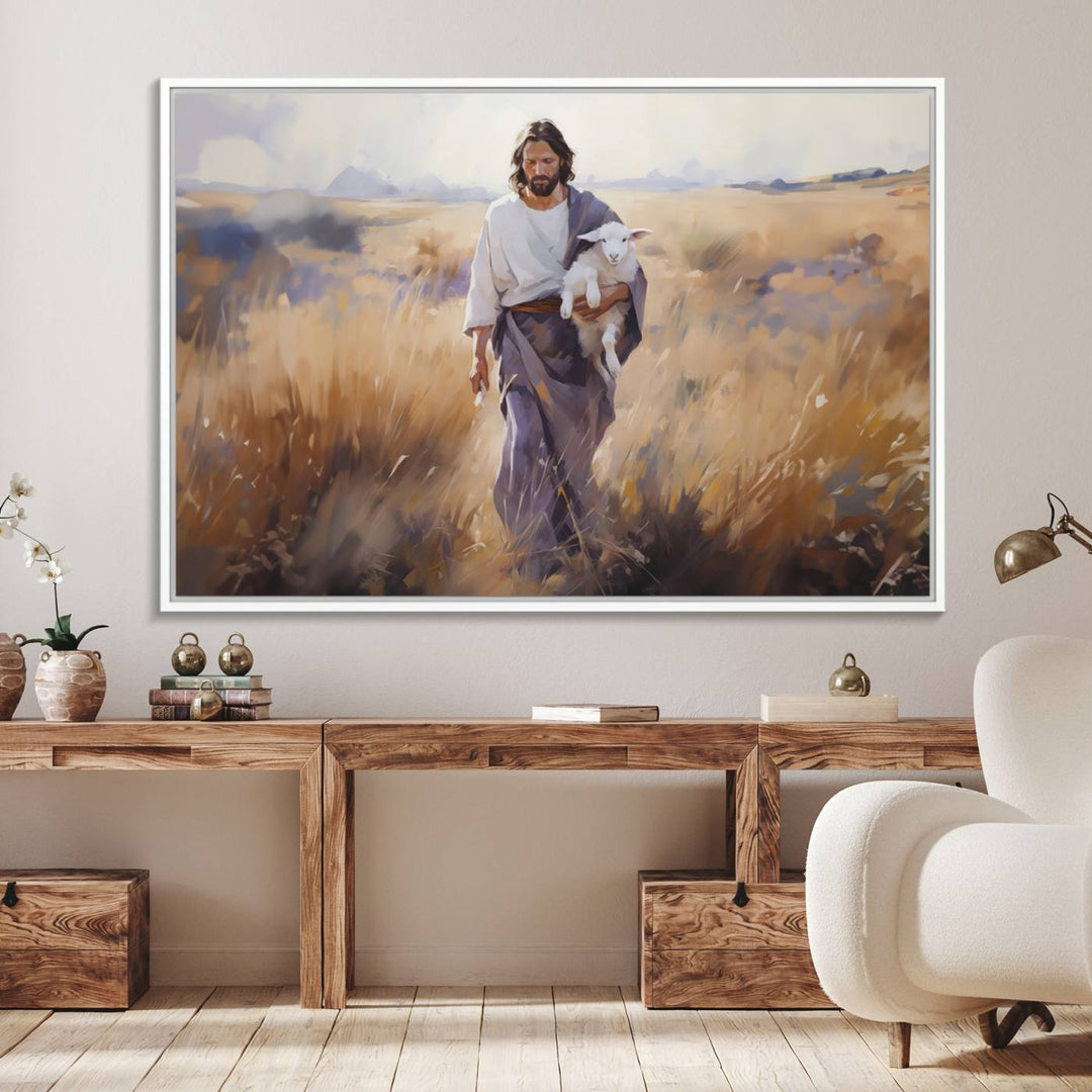 A canvas art piece depicts a bearded man carrying a lamb in a field, reminiscent of Jesus the Good Shepherd, ideal for prayer room decor.