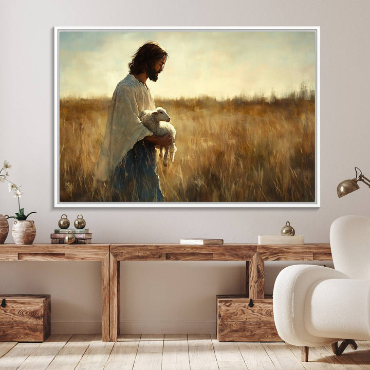 The Jesus the Good Shepherd wall art print depicts Jesus gently holding a lamb under a clear sky.