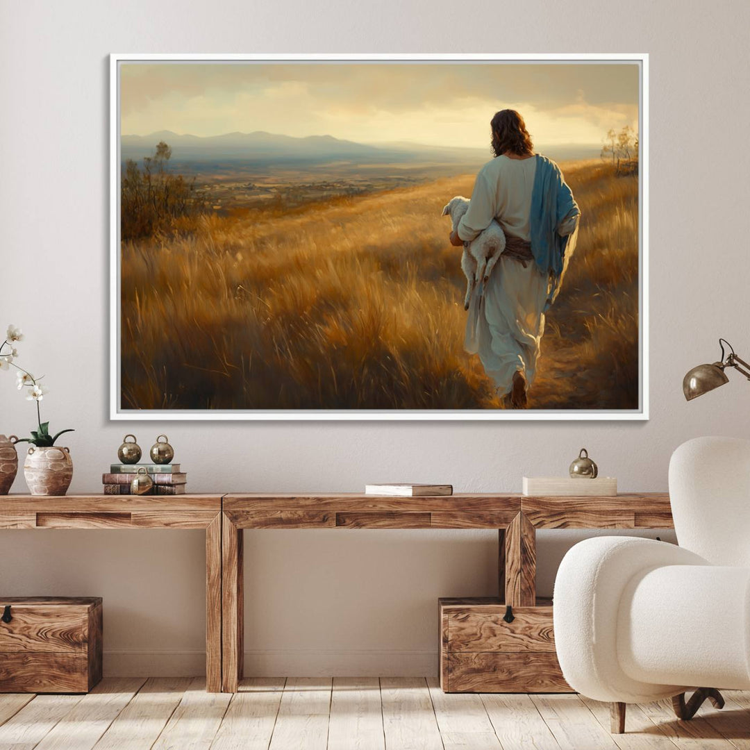 The wall art, titled Jesus the Good Shepherd, depicts a golden field at sunset.