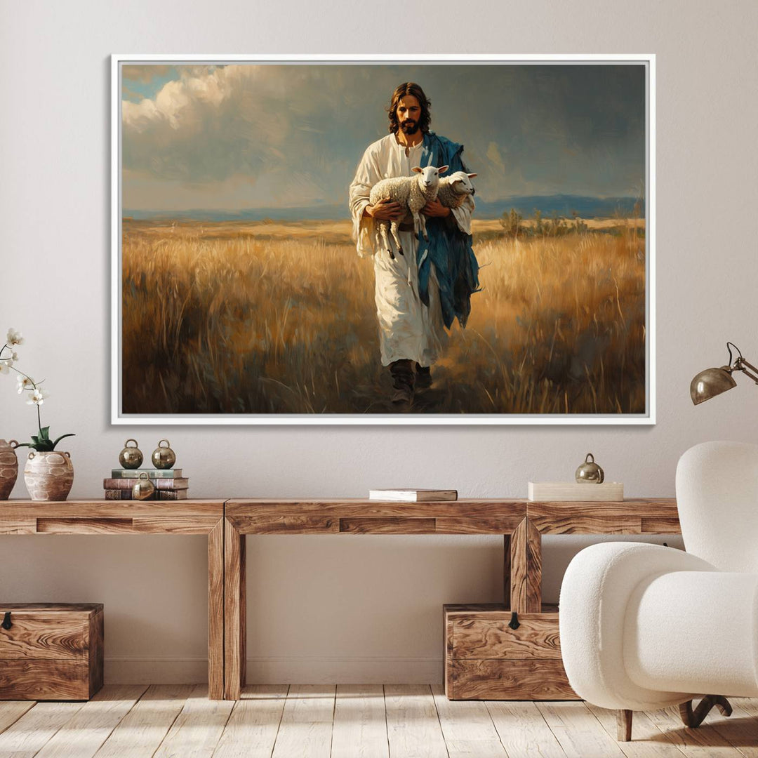 This Jesus Shepherd Wall Art depicts a figure in a white robe carrying a lamb, making it an ideal piece of Christian decor for your home.