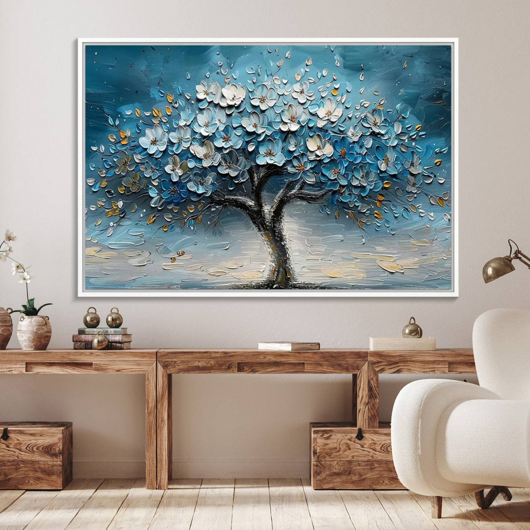 Abstract Blooming Tree Wall Art Print features blue, white, and gold textures on museum-quality canvas, perfect for modern decor.