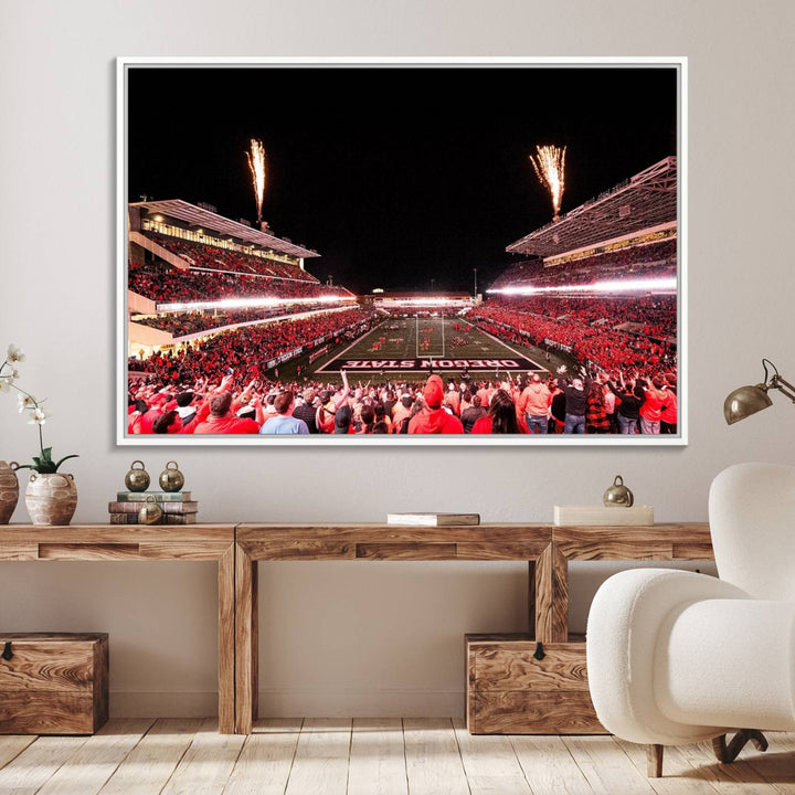 At Corvallis Reser Stadium, vibrant wall art captures the spirit of Oregon State Beavers football against a backdrop of a fireworks-lit night sky.