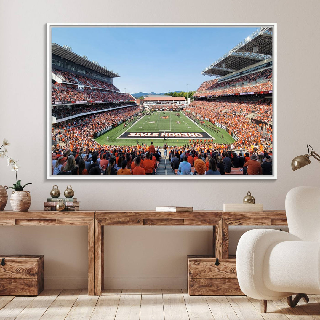 Wide-angle view of Corvallis Reser Stadium with Oregon State field, depicted in Beavers team print canvas art.