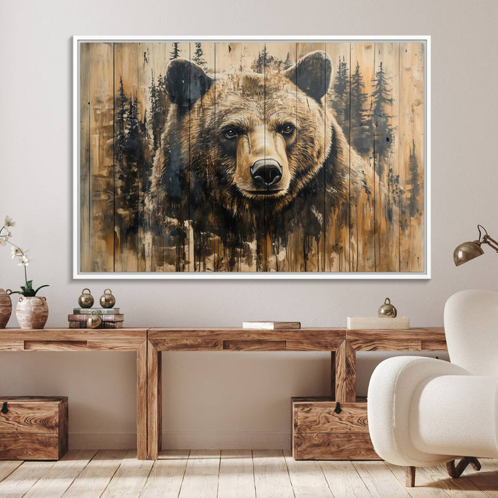 Majestic Grizzly 399 Bear 3-panel rustic canvas print with woodland theme.