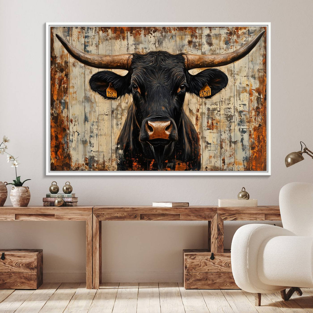 Black bull painting with horns and ear tags, ideal for rustic Texas decor - Abstract Cow Longhorn Bull Canvas Print.