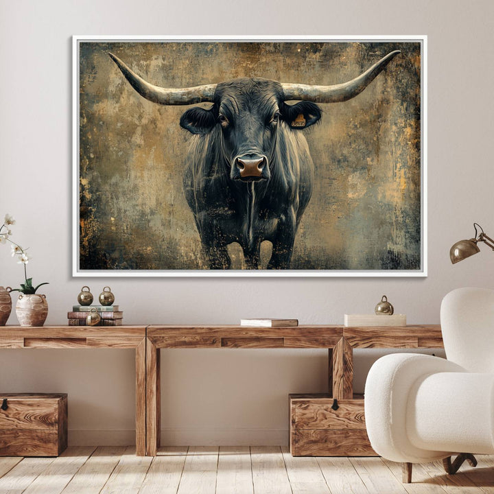 The Longhorn Bull Canvas Print features a bull with prominent horns facing forward, depicted in abstract Texas Western art style.