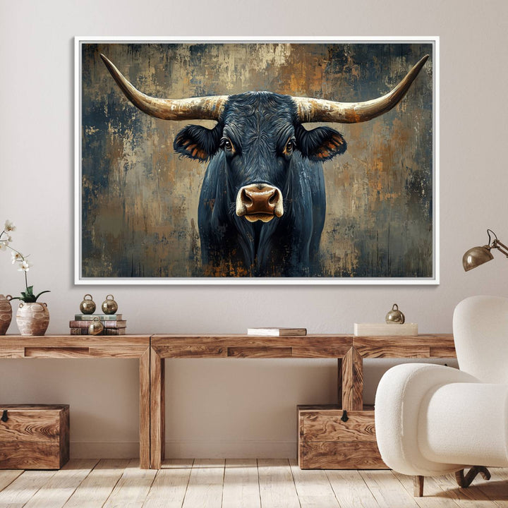 The Texas Western Wall Art Canvas Print showcases a Longhorn Bull set against an abstract brown and gray backdrop, making it perfect for rustic decor.