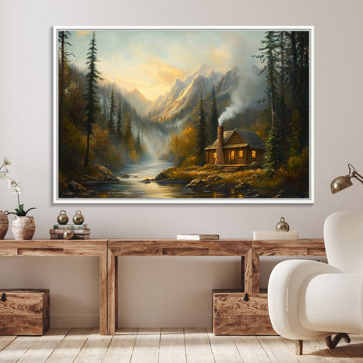 A cozy Wood Cabin Retreat Mountain at Sunset Wall Art features a serene forest and river landscape with smoke rising on a canvas print.