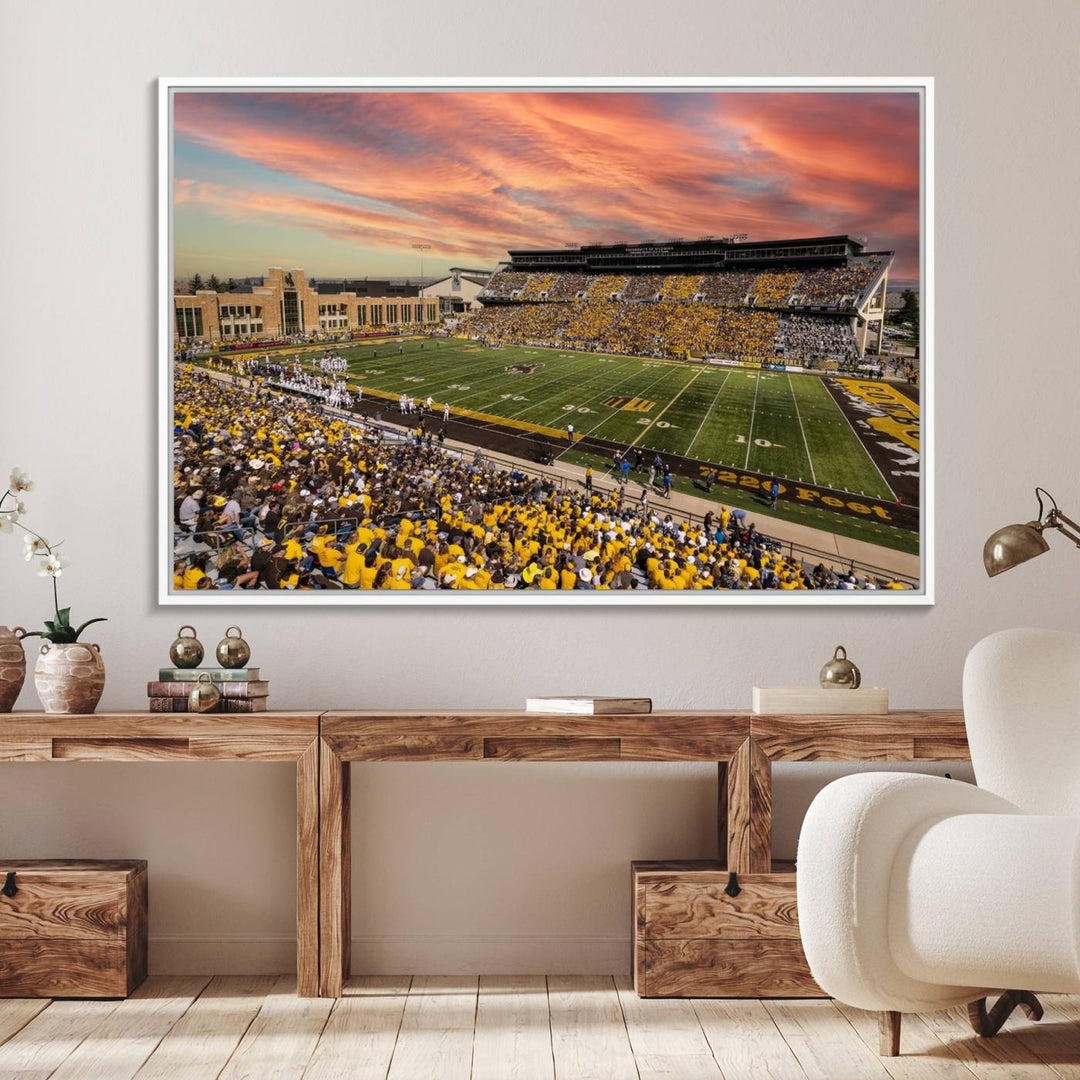 Capture the essence of a packed War Memorial Stadium at sunset with the Cowboys Football Canvas Print, highlighting fans cheering in yellow.