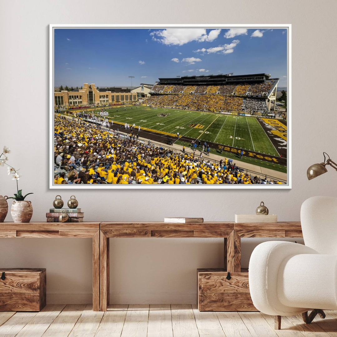 Aerial view of University of Wyoming Cowboys game at Jonah Field, perfect for a giclee canvas print.