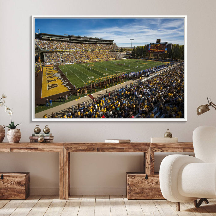 Canvas Wall Art Print: University of Wyoming Cowboys action at Jonah Field War Memorial Stadium under a sunny blue sky.