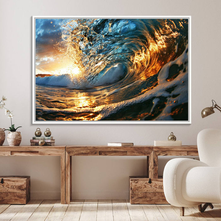 The Ocean Wave at Sunset canvas captures fiery waves with golden and blue hues, making it a perfect addition to nautical-themed decor.