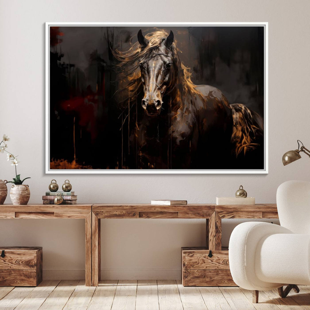 Abstract Black Horse Canvas Print – Featuring an equine spirit with a flowing mane on a dark background, perfect as farmhouse wall art.