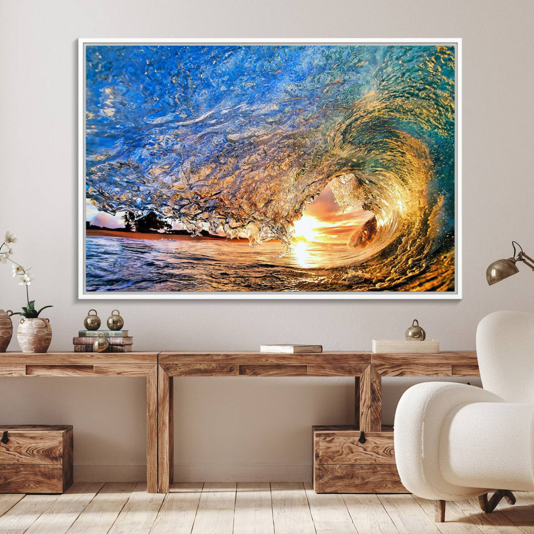 The Ocean Wave at Sunset Canvas Art captures vibrant coastal colors, perfect for nautical decor.