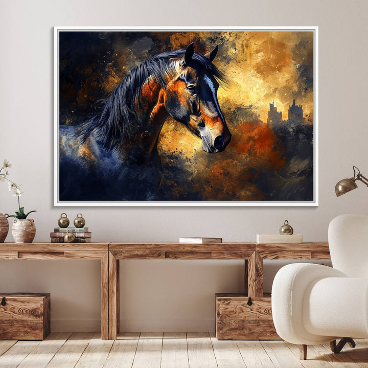 Abstract Horse Art Print on canvas, featuring a colorful background, perfect for rustic farmhouse or equestrian decor.
