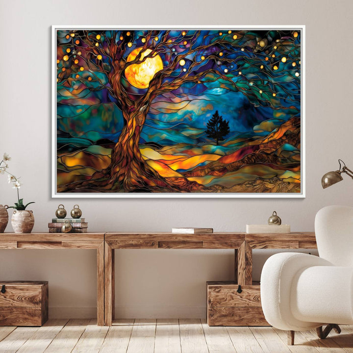 The vibrant Yggdrasil Tree of Life Wall Art depicts a moonlit tree.